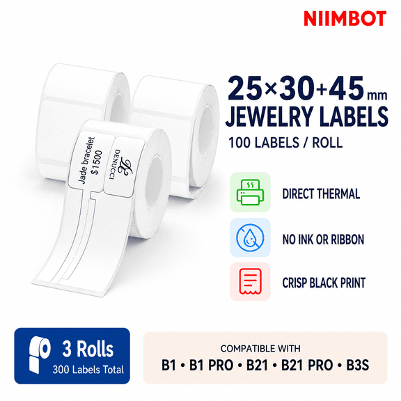 NIIMBOT Jewelry Direct Thermal Tags, 25 x 30 + 45 mm, 3 Rolls, 300 Labels for Rings, Necklaces and Barcodes