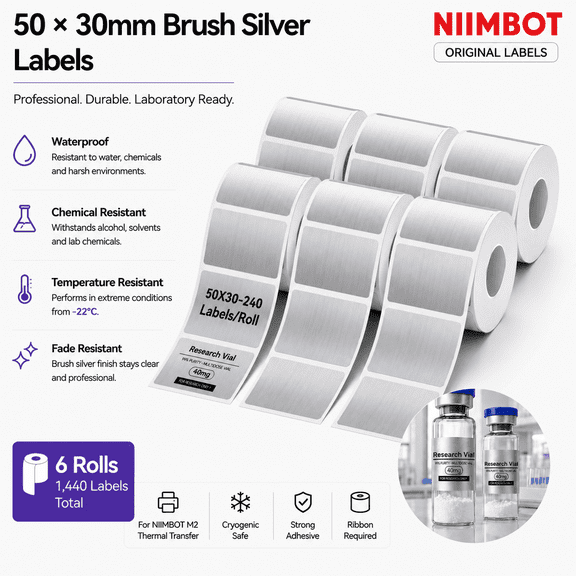 NIIMBOT M2/M3 Thermal Transfer Labels, 50 x 30 mm Brushed Silver, 6 Rolls, 1,440 Waterproof PET Labels for Bottles and Asset Tags