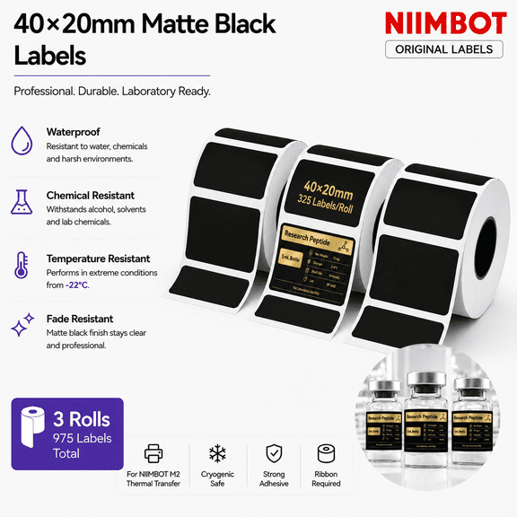 NIIMBOT M2 Matte Black Thermal Transfer Labels, 40 x 20 mm, 3 Rolls, Waterproof PET Labels for Vials, Packaging and Gold Ribbon Printing