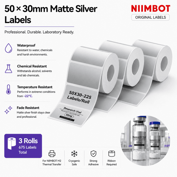 NIIMBOT M2 Silver Thermal Transfer Labels, 50 x 30 mm, 3 Rolls, Waterproof PET Labels for Medicine Bottles, Cosmetics and Barcodes