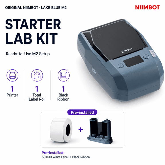 NIIMBOT M2 300 DPI Bluetooth Thermal Transfer Label Maker for Lab Tubes, Sample Containers and Cold Storage, Lake Blue Starter Kit, 1 Label Roll and 1 Ribbon