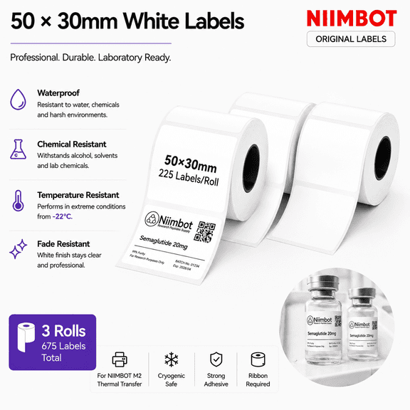 NIIMBOT M2 White Thermal Transfer Labels, 50 x 30 mm, 3 Rolls, Waterproof PET Labels for Medicine Bottles, Cosmetics and Barcodes
