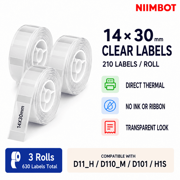 NIIMBOT D11/D110/D110M Clear Direct Thermal Labels, 14 x 30 mm, 3 Rolls, 630 Transparent Self-Adhesive Labels for Jars, Cosmetics and Storage