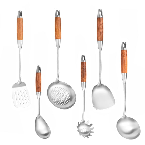 NIITAWH Stainless Steel Kitchen Utensils Set with Wooden Handle, 6 PCS Professional Cooking Utensils Set 15", Wok Spatula, Ladle, Skimmer, Slotted Spatula Turner, Spaghetti Spoon, Large Spoon Y101