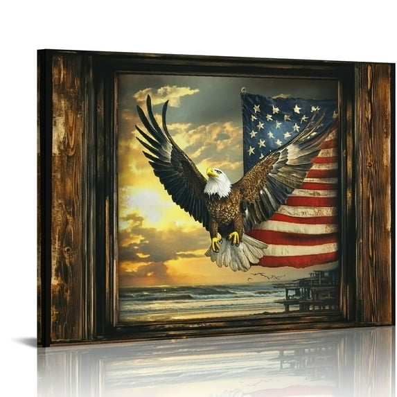 NIJIAN American Flag with Bald Eagle Wall Art Retro View of Window Eagle Wall Decor Rustic Flag Canvas Prints Artwork Eagle Patriotic Pictures Home Decor Framed Ready to Hang for Home Office