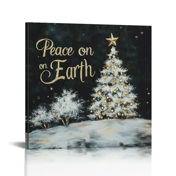 NIJIAN Peace on Earth Christmas Tree Wall Art, Black, White, & Gold Winter Art, Great Gift Idea, Premium Gallery Wrapped Canvas Decor, Ready to Hang