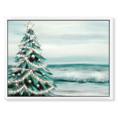 NIJIAN  Snowy Christmas Tree Beach Shore Canvas Wall Art, Design by Nijian