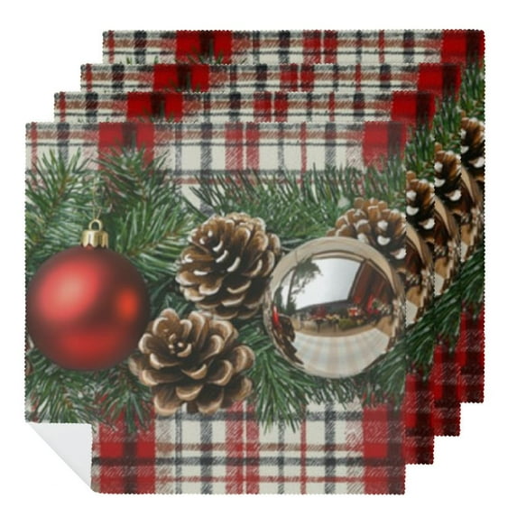 NIJIANKEHAN Christmas Table Napkin cloth Napkin, Christmas Ball Ornaments Red Plaid Washable Table Cover for Party Picnic Dinner Decor