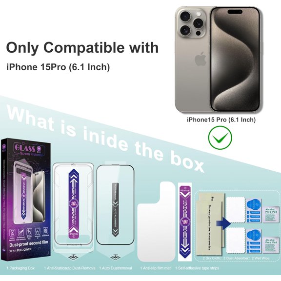 NIJUDA -2 Pack Screen Protector Tempered Glass for iPhone 15 Pro 6.1-Inch Auto Dust Removal, No Bubbles, High Definition Clear, Easy Installation