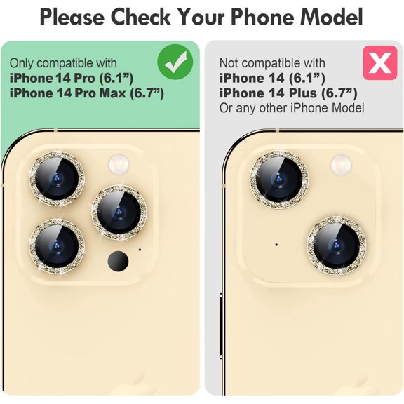 NIJUDA -for iPhone 14 Pro/14 Pro Max Camera Lens Protector Bling, 9H Hardness Scratchproof Metal Individual Ring Protector, Stylish Accessories, Case Friendly (Gold Glitter)