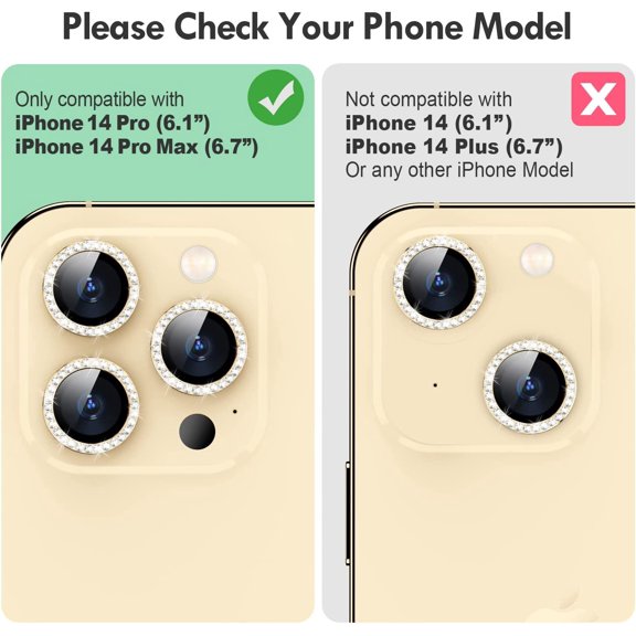 NIJUDA -for iPhone 14 Pro/14 Pro Max Camera Lens Protector Bling, 9H Hardness Scratchproof Metal Individual Ring Protector, Stylish Accessories, Case Friendly (Gold Diamond)