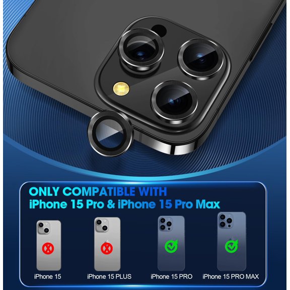 NIJUDA -for iPhone 15 Pro/iPhone 15 Pro Max Camera Lens Protector Individual Metal Ring 9H Hardness Scratchproof Protector, Stylish Accessories, Case Friendly (Black)