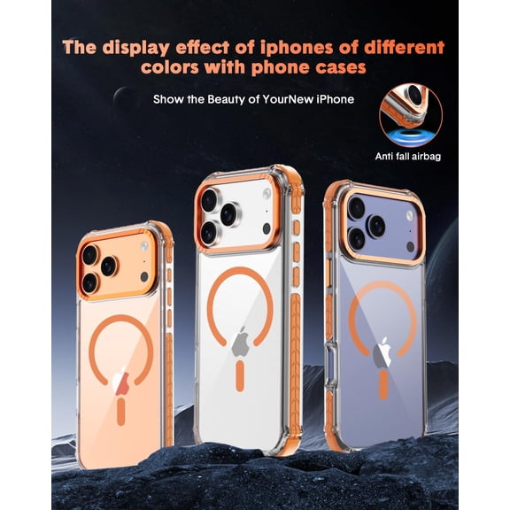 NIJUDA -for iPhone 17 Pro Case with Tempered Glass & Lens Protector, Compatible with MagSafe, Military Grade Shockproof with 4-Air Corner & Anti-Slip Orange Frame, Magnetic Anti-Yellowing Case
