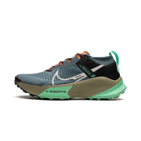 NIKE MENS Nike ZoomX Zegama Trail "Light Slate Grey Glow Green Bone Black" DH0623 300 from Stadium Goods