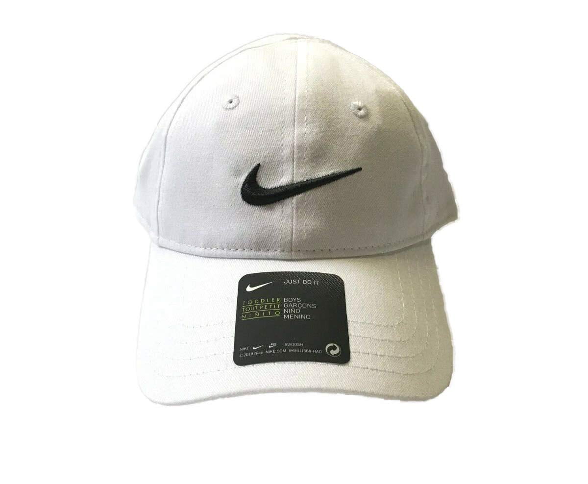 NIKE Toddler Just Do It Adjustable Sun Cap (White w/ Signature Black Swoosh) -