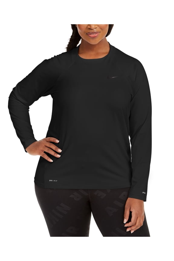 Women's Black Rash Guard Round Neck Moisture-Wicking UV Protection Essential Swim Shirt 1X