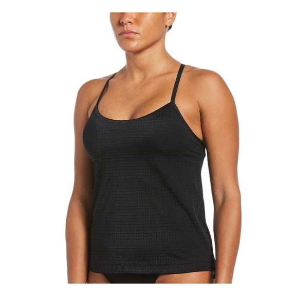 NIKE Women's Black Stretch Drawcords At Hem Layered Essential Scoop Neck Tankini Swimsuit Top S