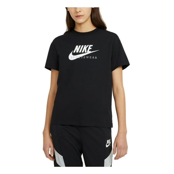 NIKE Womens Black Cotton Ribbed Logo Graphic Short Sleeve Crew Neck T-Shirt XS
