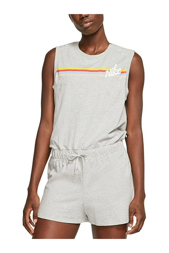 Womens Gray Stretch Tie Elastic-waist Snap-shoulder Logo Graphic Sleeveless Crew Neck Romper Juniors XS