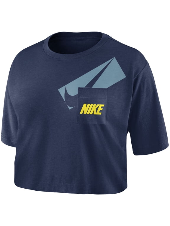 Womens Navy Stretch Ribbed Pocketed Cropped Logo Graphic Short Sleeve Crew Neck Top XS