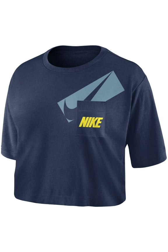 Womens Navy Stretch Ribbed Pocketed Cropped Logo Graphic Short Sleeve Crew Neck Top XS