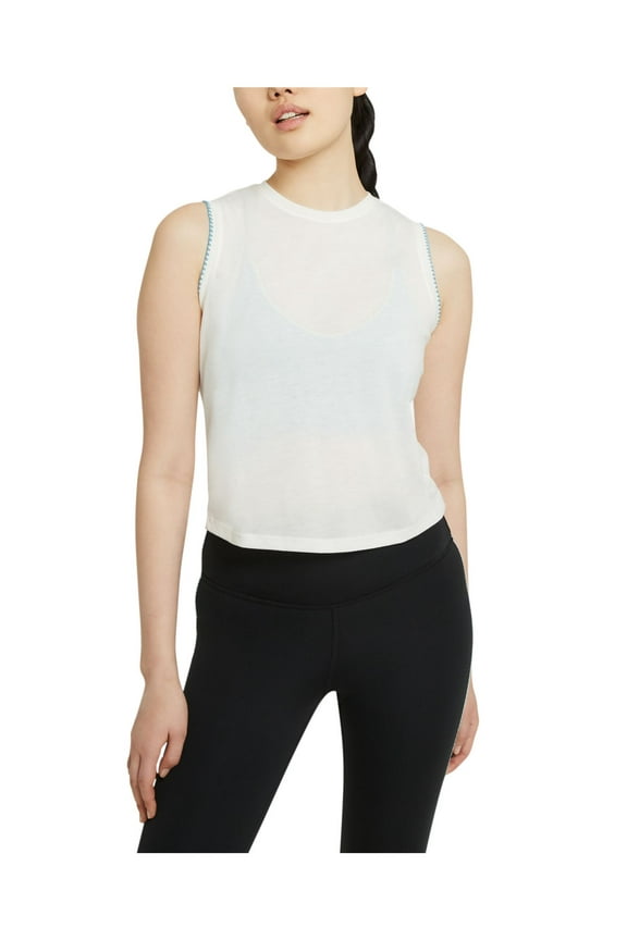 Womens White Moisture Wicking Embroidered Short Length Crochet Trimmed Logo Graphic Sleeveless Crew Neck Active Wear Tank Top S