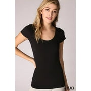 NIKIBIKI Women Seamless Cap Sleeve Scoop Neck Top - Ladies Fitted Basic Tops & Tshirts(One Size, Black)