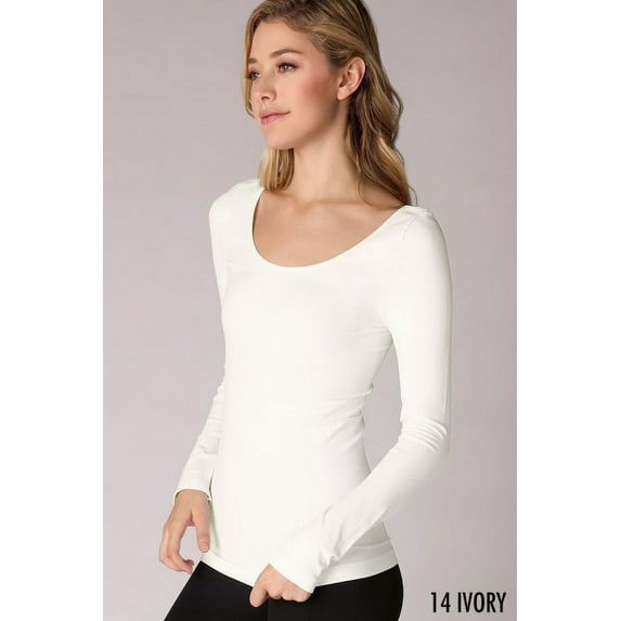 NIKIBIKI Women Seamless Long Sleeve Scoop Neck Top - Basic Tank Tops & Shirts(One Size,Ivory)