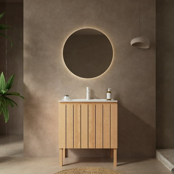 NIKO 30" Freestanding Bathroom Vanity in Natural Wood with White Ceramic Basin
