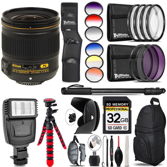 NIKON AF-S 28/1.8G LENS+ Flash + Color Filter Set - 32GB Accessory Kit (International Version)