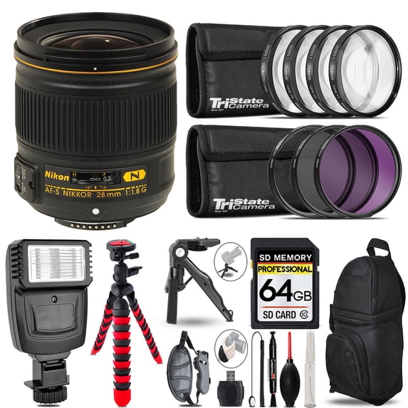 NIKON AF-S 28/1.8G LENS+ Slave Flash + MACRO, UV-CPL-FLD - 64GB Accessory Bundle