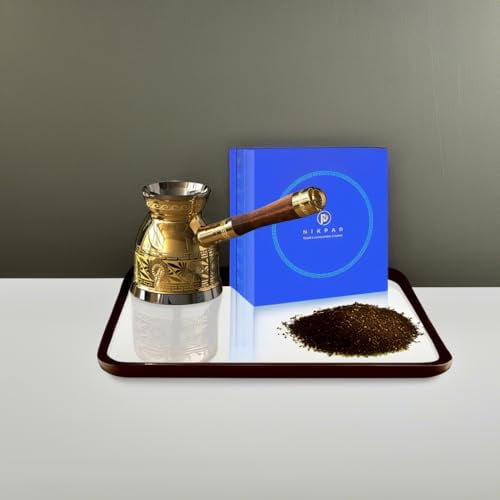 NIKPAR Luxury Greek Coffee Pot Macedonian Collection, Turkish Arabic Coffee Pot, Coffee Maker, Patent Detachable Handle Cezve, Briki Laser Engraved, Luxurious Gift Box (21 oz Large