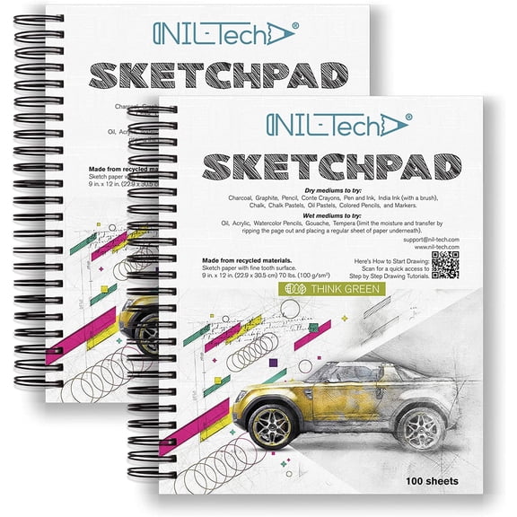 NIL-Tech Premium White Paper Sketch Pads, 9 x 12 Inches, 100 Pages, 2 Count