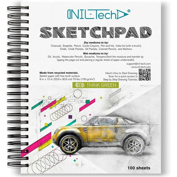NIL-Tech Premium White Spiral-Bound Sketch book - 100 Sheets 9x12 inches, Heavyweight,  Acid-Free Drawing Paper, Painting
