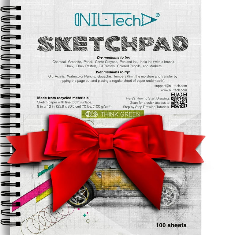 NIL - Tech Premium White Paper Sketch Pad - 9x12 Inches 100 Sheets (68 lb100gsm) Sketchbook Pad with Spiral Bound for Markers, Gel Pens, Co