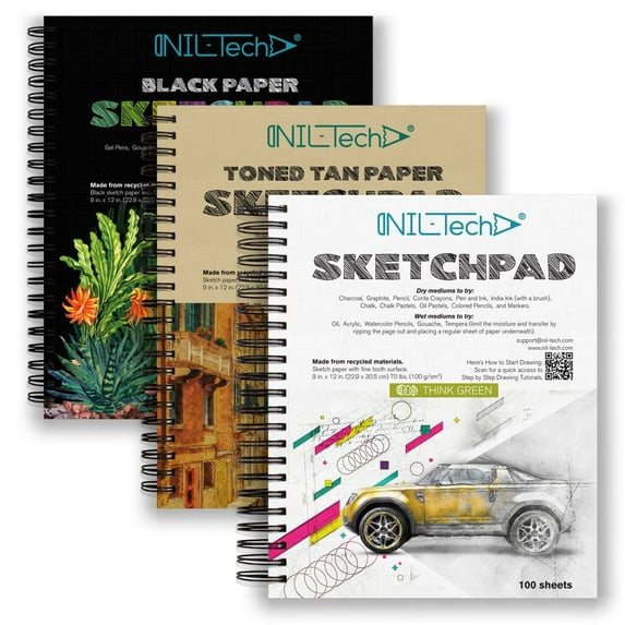 NIL Tech Sketchbook Paper 3 Pack Drawing Pad Set Black White and Tan Toned Paper 9x12