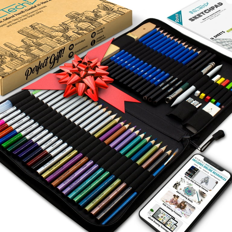 NIL-Tech Watercolor Pencils Set - 55 Piece Kit for Sketching and Drawing  Pens - Includes Sketch Pad and Blending Tools - Ideal for Beginners and  Artists 