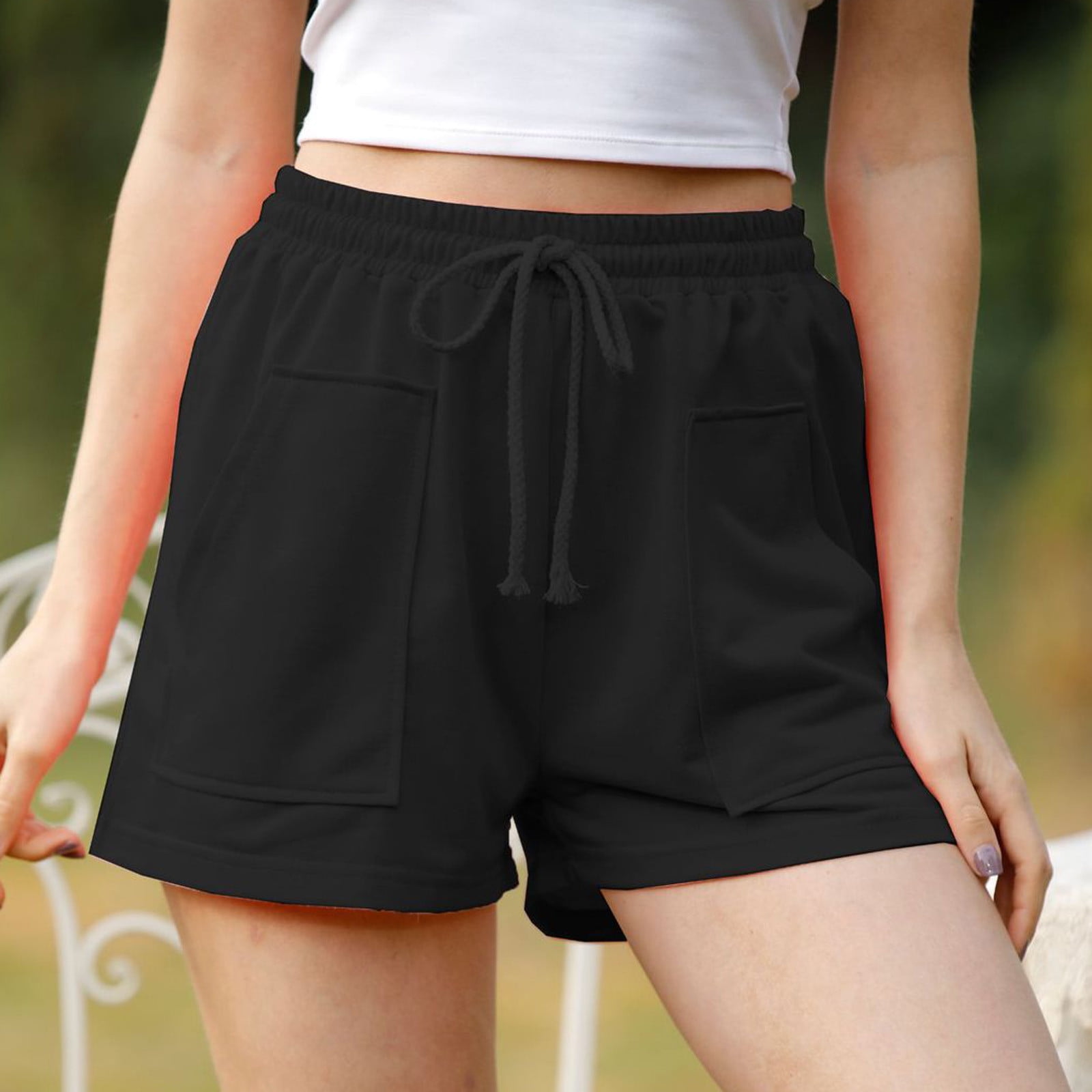 Plus Size Women Solid Elastic Waist Shorts Drawstring Short Pants