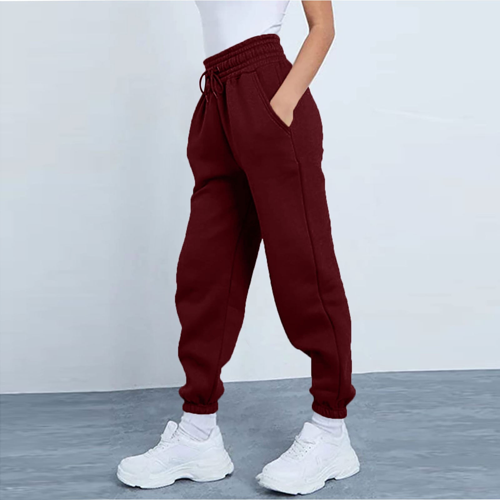 NILLLY Wide Leg Pants Women Drawstring Casual Fashion Sport Solid Color  Outfits Sweatpants Trousers with Pockets Ladies Pants Wine / S 