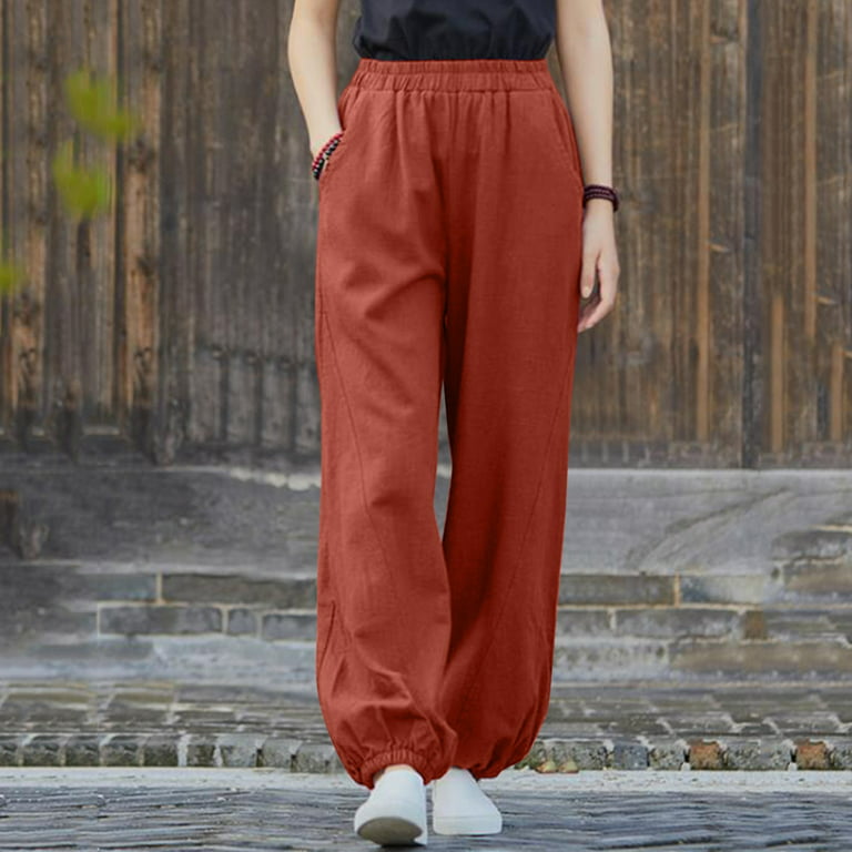 NILLLY Wide Leg Pants for Women Fashion Women's Loose Fit Elastic Waist  Solid Color Pocket Casual Pants Wide Leg Casual Trousers Womens Pants  Ginger / S 