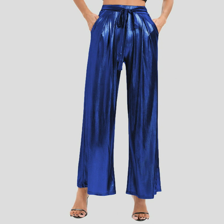 NILLLY Wide Leg Pants for Women Wide Leg Shiny Comfy High Waist Trousers  Straight Loose Casual Jogging Dance Pants Ladies Pants Blue / S 