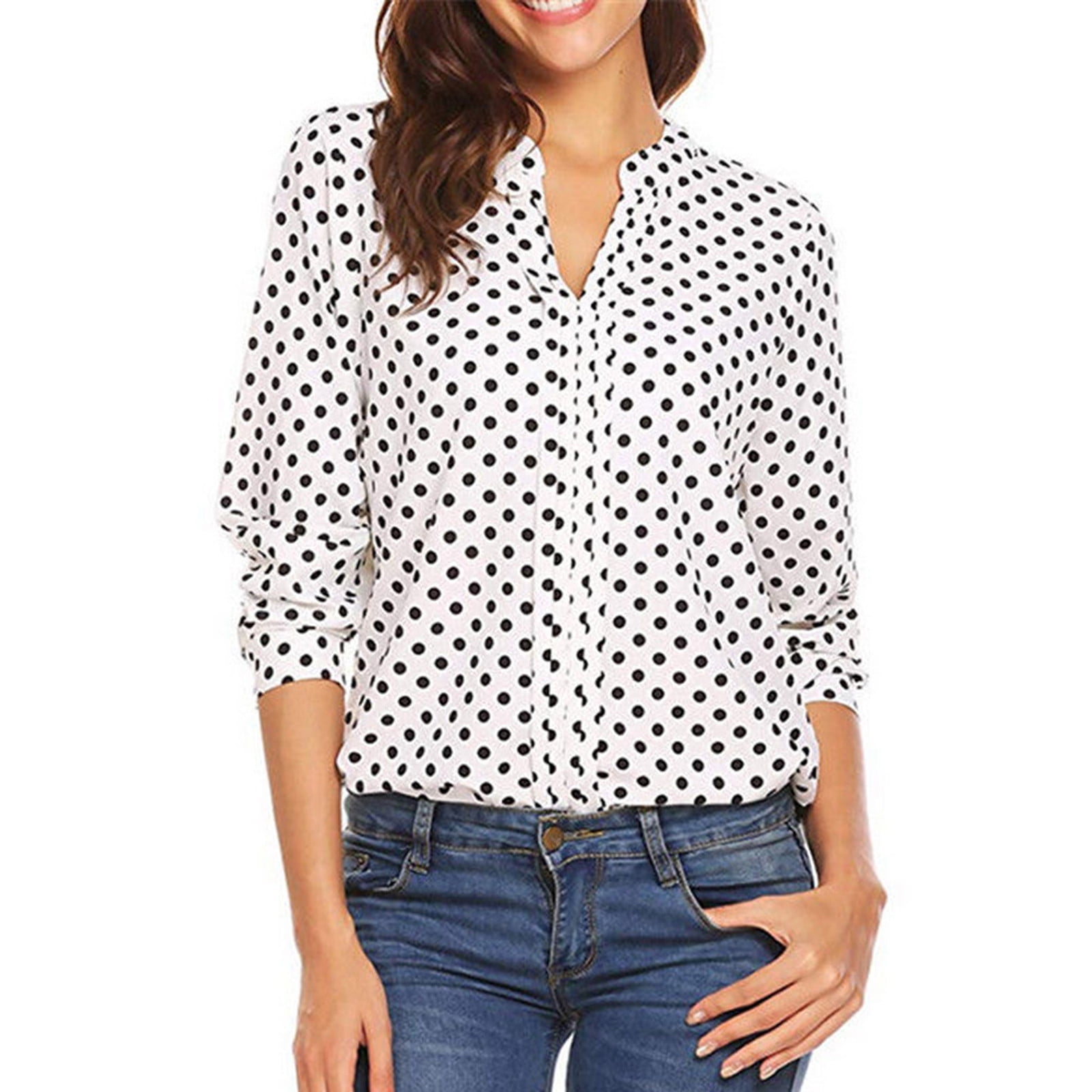 women's white blouse with black polka dots