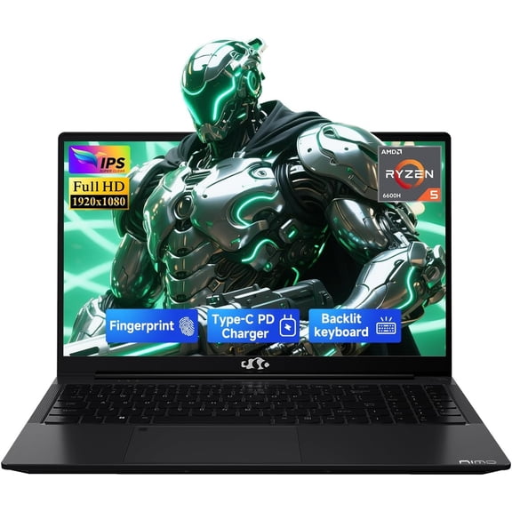 NIMO 15.6" IPS FHD AMD Ryzen 5 6600H 16GB DDR5 RAM 512GB SSD (6 Cores Up to 4.5GHz) AMD Radeon 660M GPU-Computer with 100W Type-C Gaming Laptop Backlit Keyboard Fingerprint