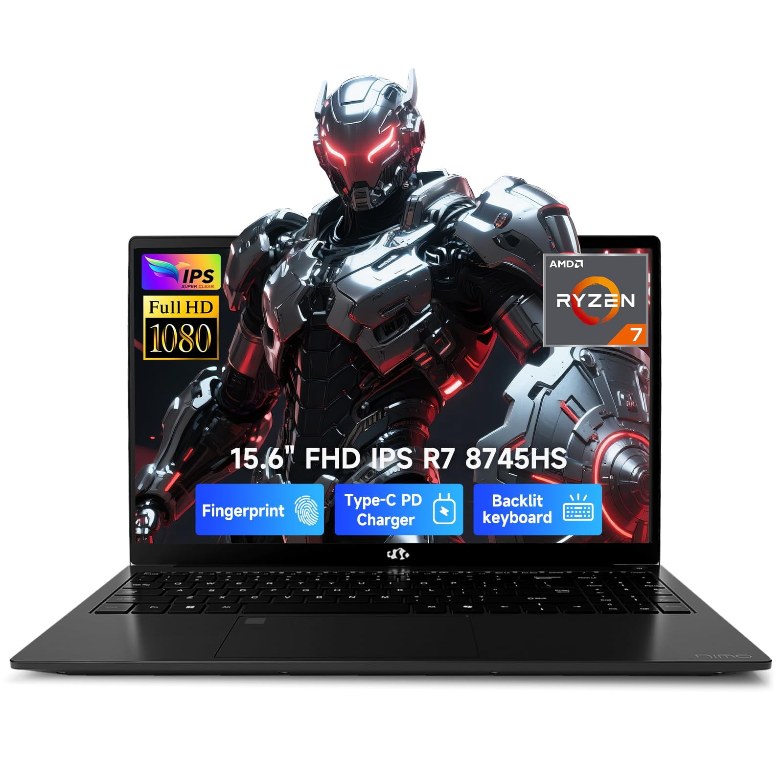 NIMO 15.6" IPS FHD-Gaming-Laptop, 8 Cores AMD Ryzen 7 8745HS 32GB DDR5 RAM 1TB SSD (up to 4.9GHz Beat R9 7940HS) Radeon 780M-Graphics, 100W Type-C Backlit Keyboard Fingerprint for Creators