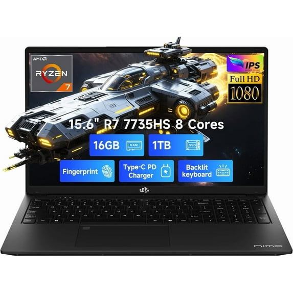 NIMO 15.6" IPS FHD Gaming-Laptop, AMD 8 Cores Ryzen 7 7735HS 16GB DDR5 RAM 1TB SSD (Up to 4.75GHz) Computer Radeon 680M 100W Type-C Backlit Keyboard Fingerprint Black