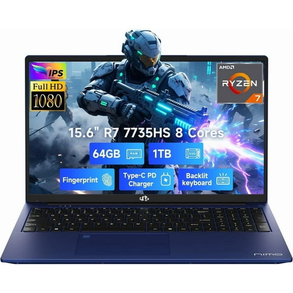 NIMO 15.6" IPS FHD Gaming-Laptop, AMD 8 Cores Ryzen 7 7735HS 64GB DDR5 RAM 1TB SSD (Up to 4.75GHz) Computer Radeon 680M 100W Type-C Backlit Keyboard Fingerprint Blue