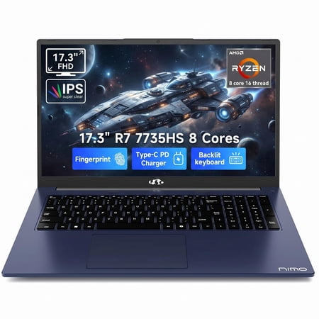 NIMO 17.3" Gaming Laptop, AMD Ryzen 7 7735HS (8C/16T, Up to 4.75GHz), 16GB DDR5 RAM, 512GB PCIe 4.0 SSD, 100W PD Fast Charging, FHD Display, Backlit KB, Fingerprint, SD Card Reader, Windows 11