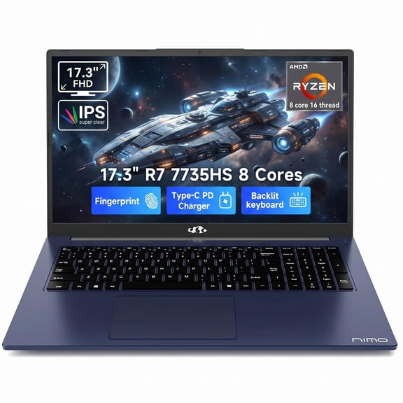 NIMO 17.3" Gaming Laptop, AMD Ryzen 7 7735HS (8C/16T, Up to 4.75GHz), 16GB DDR5 RAM, 512GB PCIe 4.0 SSD, 100W PD Fast Charging, FHD Display, Backlit KB, Fingerprint, SD Card Reader, Windows 11