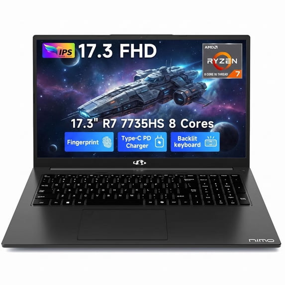 NIMO 17.3" Gaming Laptop, AMD Ryzen 7 7735HS (8C/16T, Up to 4.75GHz), 32GB DDR5 RAM, 1TB PCIe 4.0 SSD, 100W PD Fast Charging, FHD Display, Backlit KB, Fingerprint, SD Card Reader, Windows 11
