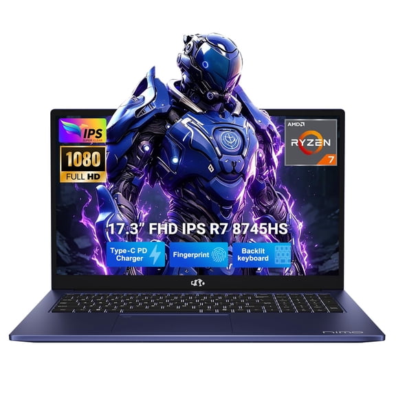 NIMO 17.3" Gaming Laptop, AMD Ryzen 7 8745HS(Up to 4.9GHz), 32GB DDR5 1TB SSD, Radeon 780M GPU, WiFi 6E, Backlit KB Fingerprint, 100W PD, USB 4, Win 11 FHD IPS Computer for Business Designer Creator